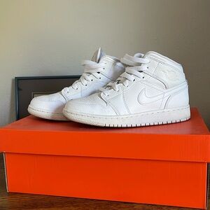 Size 4 Youth White Mid Jordan 1s • Equivalent Women’s size 5